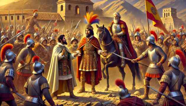 The capture of Atahualpa by Francisco Pizarro and the Spanish conquistadors.