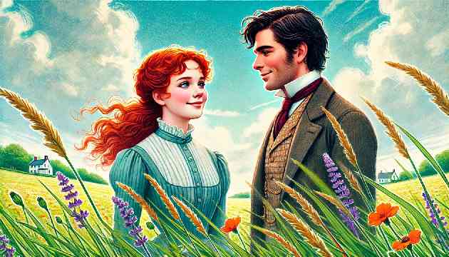 Anne Shirley and Gilbert Blythe standing together in a field, smiling at each other with a sense of reconciliation.