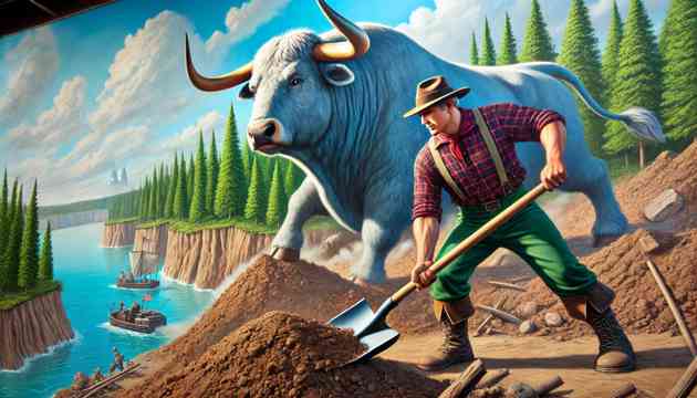 Paul Bunyan and Babe the Blue Ox digging the Great Lakes.