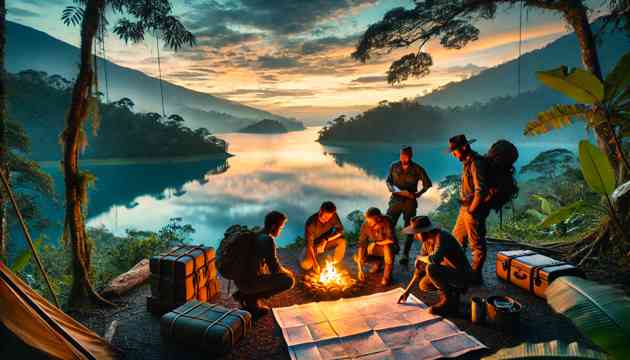Diego and his team setting up camp by Lake Guatavita at dawn.