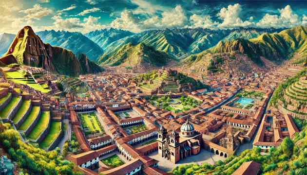 Aerial view of the ancient city of Cusco, surrounded by the Andes Mountains.