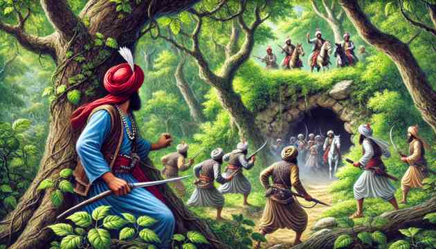 Ali Baba hiding in a tree, watching forty thieves enter a cave.