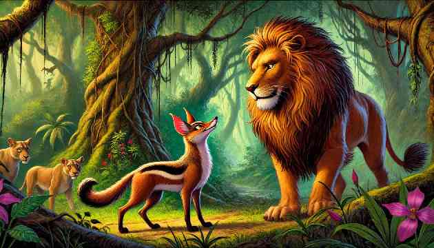 A cunning jackal named Kalila, with a glint of deceit in his eyes, speaks to the lion Shere.