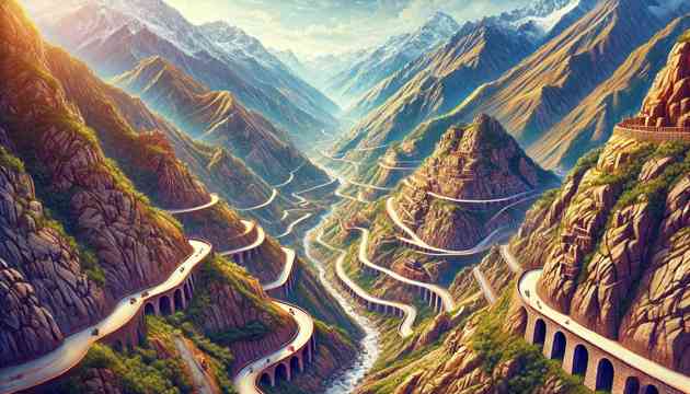 The Inca road system (Qhapaq Ñan) winding through the mountainous landscape.