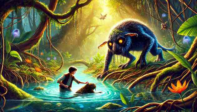 Mia wading into a hidden pool in the swamp, helping the Bunyip free a smaller creature trapped in roots.