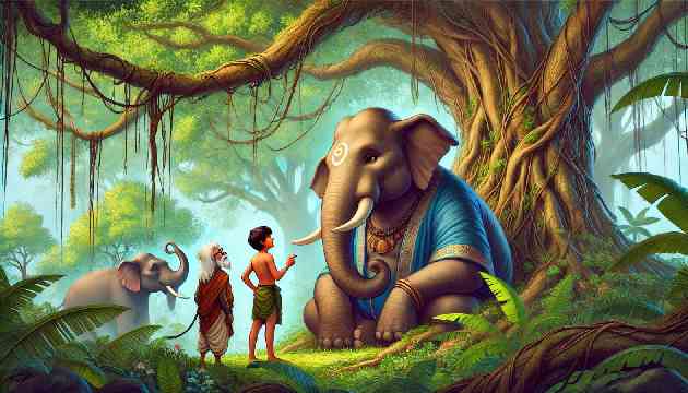 Hathi the elephant giving advice to Mowgli and Bagheera.