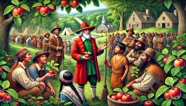 Johnny Appleseed interacting with settlers and Native Americans, sharing stories and apple saplings.