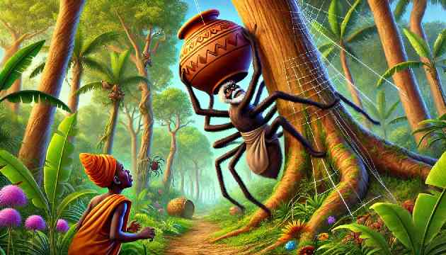 Anansi struggling to climb the tree with the pot tied to his front, while his son Ntikuma watches from below.