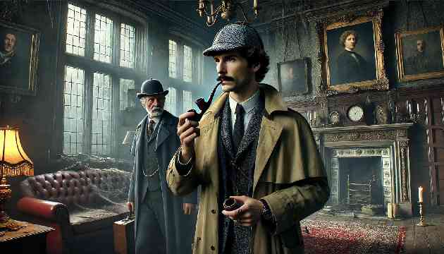 Sherlock Holmes, Dr. Watson, and Inspector Lestrade searching a deserted manor.