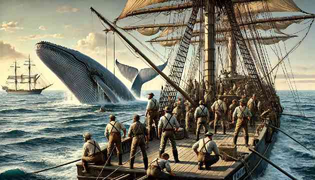 The crew of the whaling ship Pequod preparing to hunt a whale.