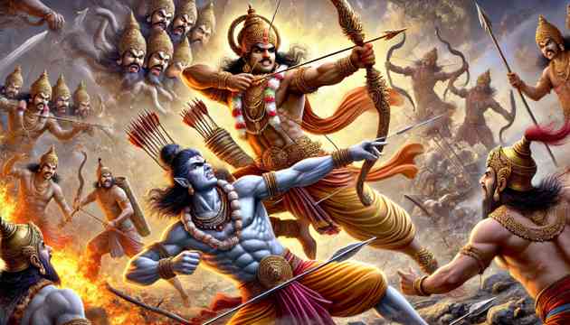 Rama, armed with divine weapons, striking down Ravana in a fierce battle.