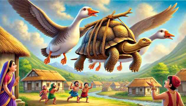 Tanu the tortoise being carried by two geese holding a stick in their beaks, flying over a village.