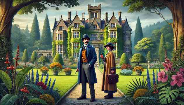 A grand old mansion surrounded by lush gardens, with Sherlock Holmes and Dr. Watson standing at the entrance.