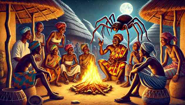 Anansi sharing stories with villagers around a fire in a lively Ghanaian village.