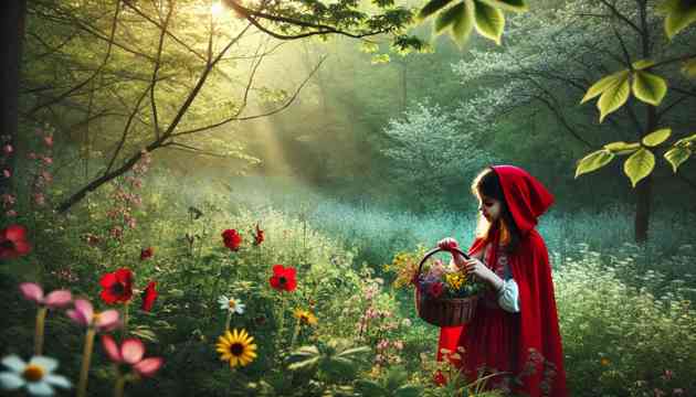 Little Red Riding Hood picking wildflowers in the forest.