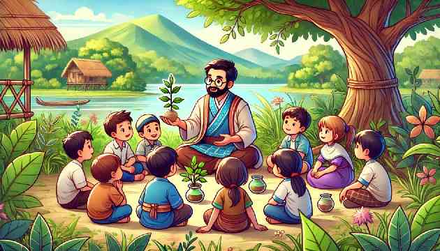 Pi teaching children in his village about traditional and scientific knowledge, surrounded by nature.