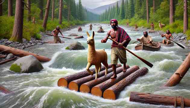 Tupac and his llama Puka crossing a fierce river in the forest.