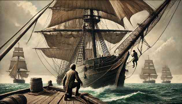 Ishmael climbs aboard the whaling ship, the Pequod.