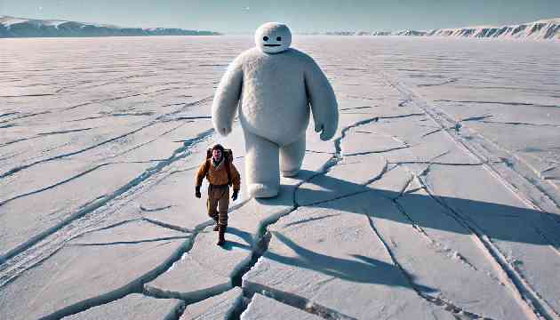 Awan and the Snow Man crossing a frozen lake with cracks forming beneath their feet.