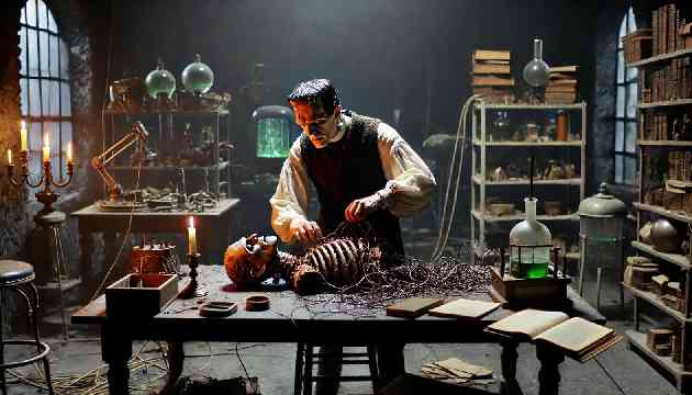 Victor Frankenstein destroys the unfinished second creature in his laboratory filled with scientific equipment.