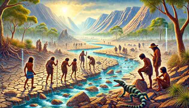 The first people facing a great drought, following the Rainbow Serpent