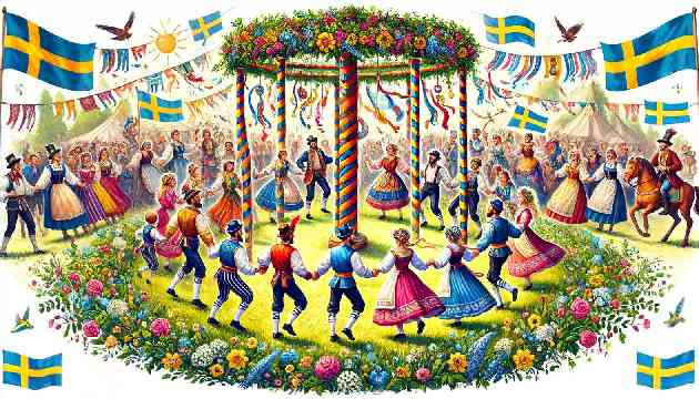 Traditional Swedish festival with people dancing around the maypole and wearing colorful costumes.