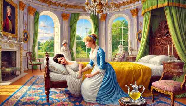 Jane Bennet lying in bed at Netherfield Park with Elizabeth Bennet attending to her.