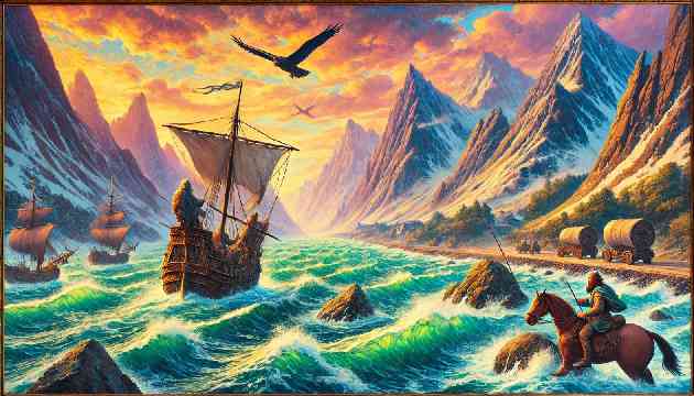 Journey to the Northern Mountains: Liam traveling towards the Northern Mountains with treacherous seas and unpredictable weather. The scene is vibrant with detailed textures, depicting the challenging journey through rugged landscapes.