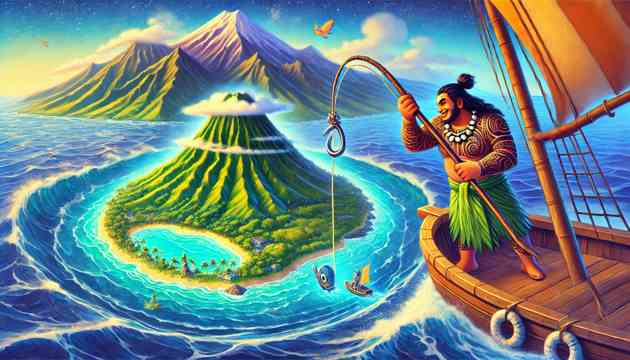 Maui uses his magical fish hook to pull up the North Island from the depths of the ocean.