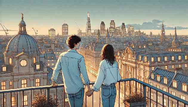  A couple enjoying a view of the city from a rooftop.