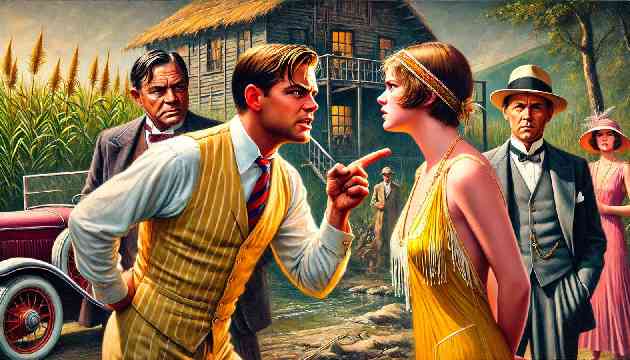 Tom Buchanan confronts Gatsby, challenging him in front of Daisy and Nick.