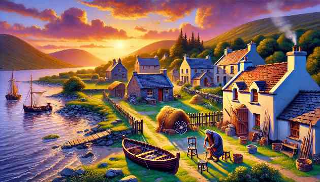 A small Irish village at dawn with Liam O’Gulliver preparing his boat for a journey. The scene is vibrant with detailed textures.
