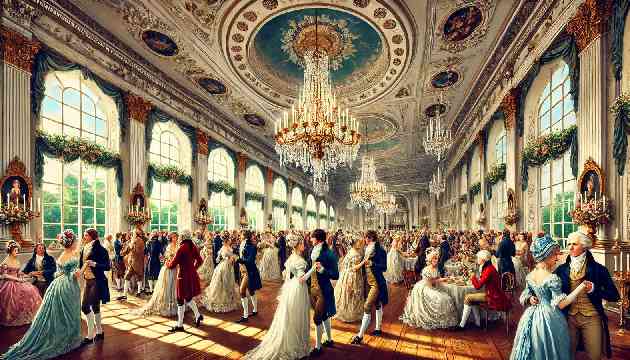  Elegant ballroom with dancers in Regency-era attire, showcasing the lively social event.