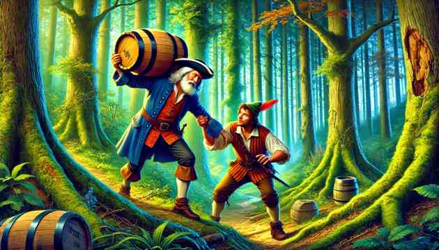 Rip Van Winkle helping a stout man carry a keg in the forest.