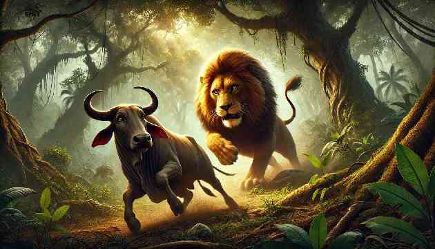 The mighty lion Shere charges at the ox Dimna in a dense jungle, creating a tense scene.