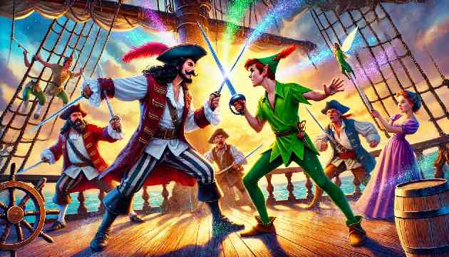  Peter Pan and Captain Hook engaged in an intense sword fight on the pirate ship.