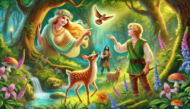 Ulysses completing tasks set by Aine in the Enchanted Forest, including rescuing a fawn and finding a songbird.