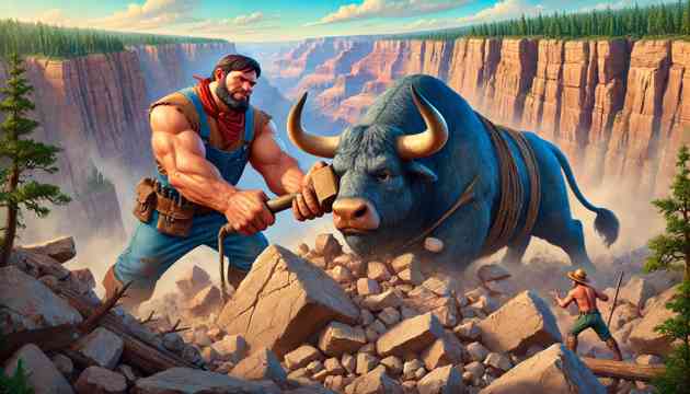Paul Bunyan and Babe the Blue Ox carving the Grand Canyon.
