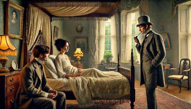 A recovering Clara Mallory in a grand bedroom, telling her story to Sherlock Holmes and Sir Edward.