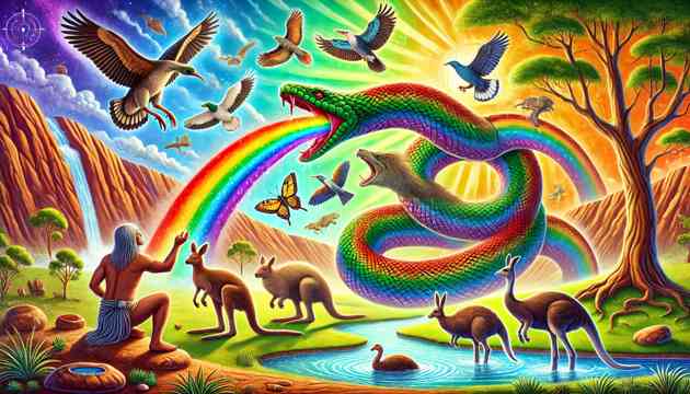 The Rainbow Serpent creating animals and painting the landscape with vibrant colors in an ancient Australian setting.