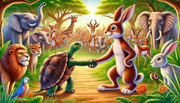 The Tortoise and Hare shaking hands after the race, surrounded by cheering animals in an African forest clearing.