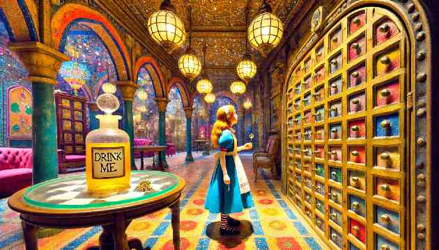 Alice standing in a hall with a row of locked doors, holding a tiny golden key, with a glass table and a bottle labeled 