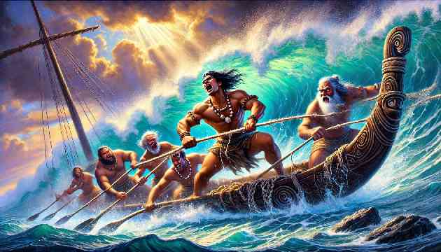 Dramatic scene of Māui and his brothers struggling with the enchanted fishing line aboard their waka.
