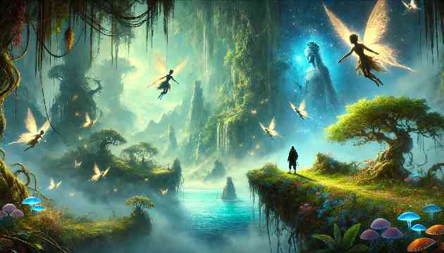 Kingdom of the Faeries: A mystical island shrouded in mist with tiny faeries flying around Liam as he meets Queen Aoife. The scene is vibrant with detailed textures, showing the ethereal faeries, the misty landscape, and the enchanted atmosphere.
