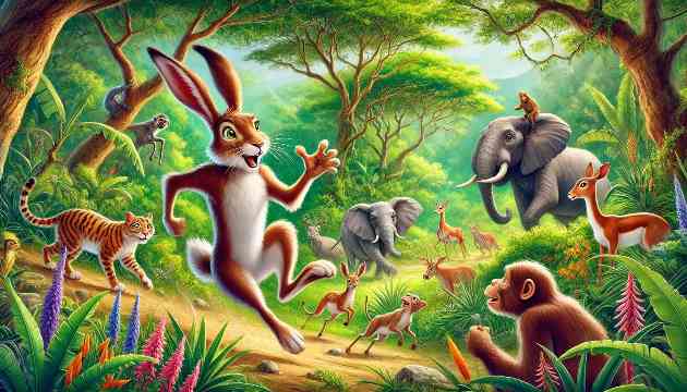 The Hare boasting about his speed to the gathered animals in a lush African forest clearing.