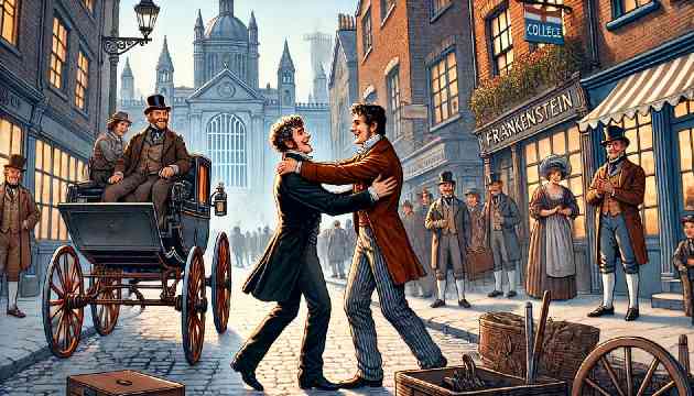 Henry Clerval reunites with Victor Frankenstein in the bustling streets, stepping out of a carriage.