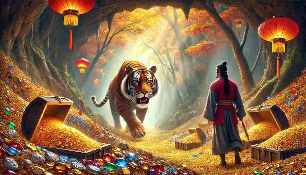 The tiger leads Jin to the hidden cave filled with treasure.