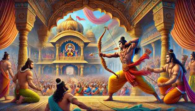 Rama lifting and breaking the mighty bow of Lord Shiva during Sita