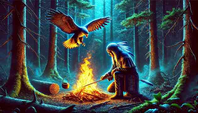 Blue Eagle building a small fire in a dark forest to drive away trickster spirits.