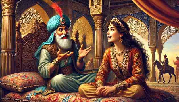 Scheherazade telling a story while the king listens intently.
